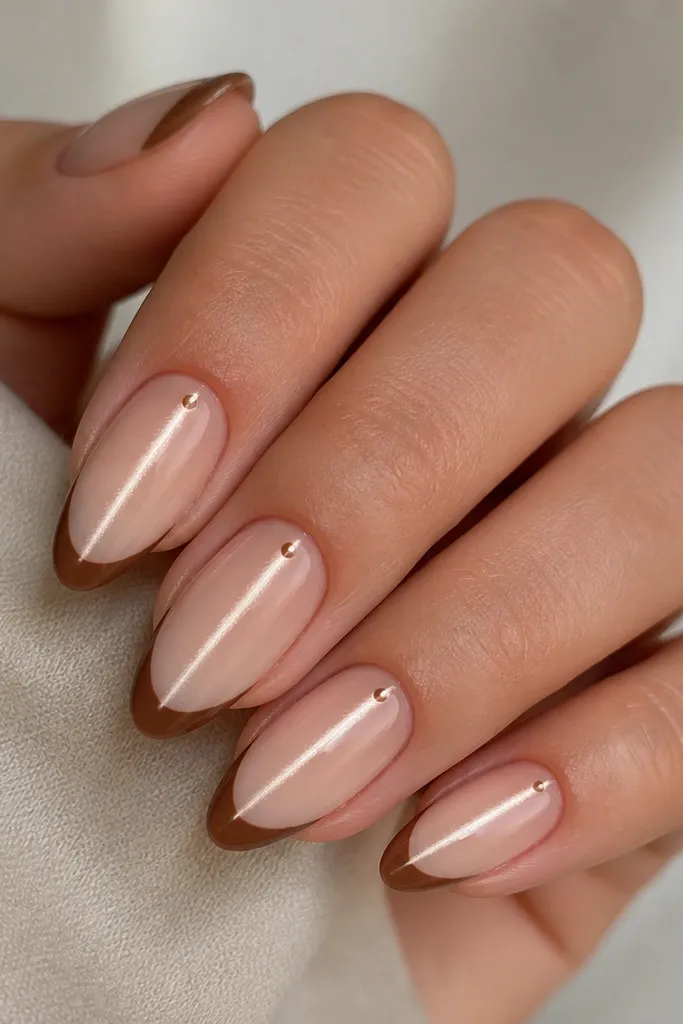 Mocha-brown French tips on a creamy nude base. At the cuticle center, there's a tiny dot detail where the cat-eye beam begins. The beam runs straight down, glossy and crisp.
