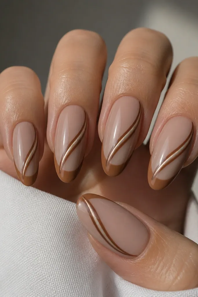 Latte nude base with caramel-brown French tips. The cat-eye beam has two shades: a lighter caramel center and a darker brown edge line. Glossy, high-contrast beam.