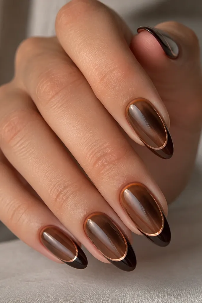 Brown cat eye nails with a French tip in espresso. A thin copper outline traces the French smile line, like a metallic border. Glossy finish, copper line is crisp and narrow.