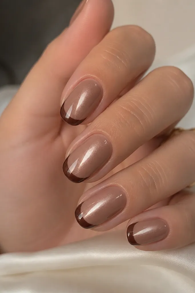 Glossy nude-brown nails with chocolate French tips. The cat-eye beam looks slightly rounded at the top near the cuticle, then straightens down the center. The French edge is smooth and rounded.
