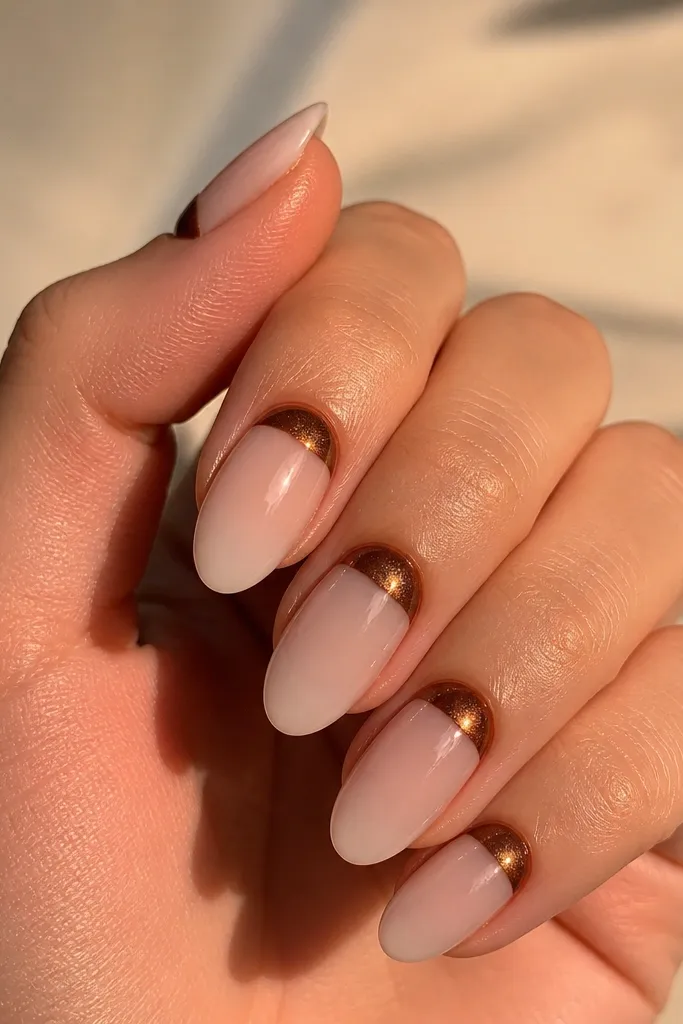 Ultra-sheer nude nails. The French tip is a half-moon shape in brown cat eye effect, wrapping across the top third. The cat-eye beam runs through the half-moon and down the center. Glossy, clean, minimal.