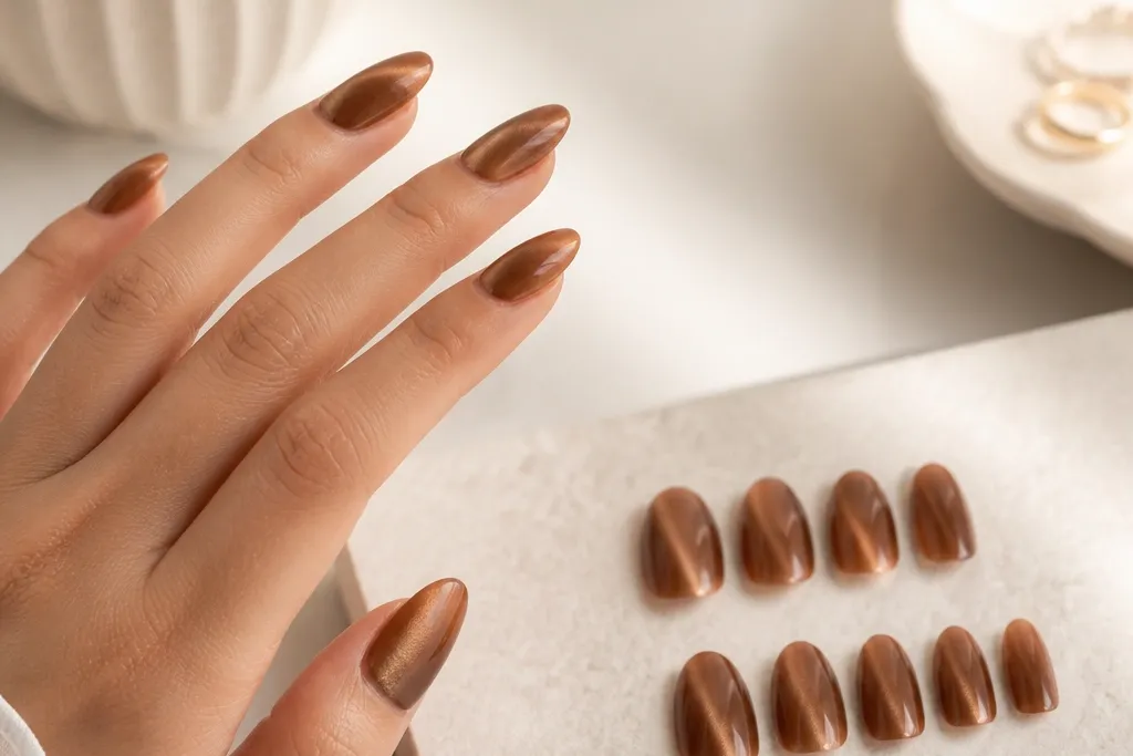 Removable Brown Cat Eye Nails for Renters