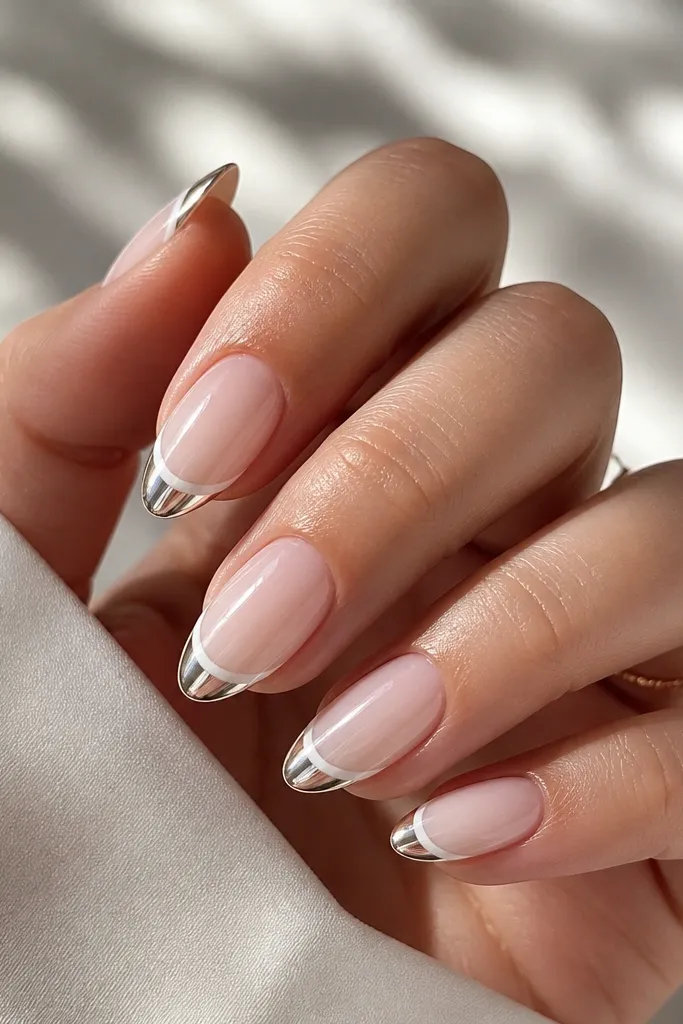 A set of short, almond removable nails with a soft blush-to-clear ombre across the nail bed. The free edge has a crisp French line and a mirror chrome silver cap on just the tips, reflecting light like a polished coin.