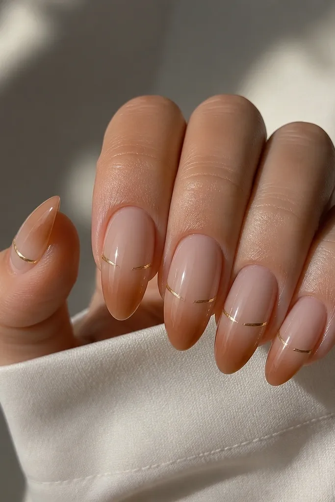 Removable nails in a medium almond shape with a nude-to-warm caramel ombre. A thin champagne-gold chrome ring sits around the lower middle of each nail, like a soft halo glow.