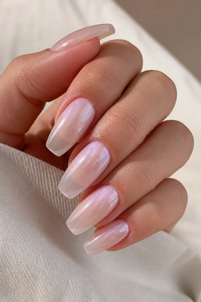 Long square-to-almond nails with a pale icy pink fade from cuticle to clear tip. The chrome is pearl-like, forming a soft cloud effect across the upper third rather than a hard French line.