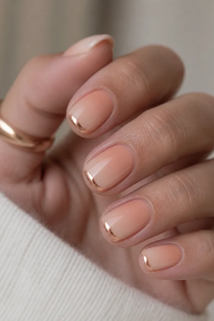 Short rounded nails with a peach ombre fading into a pale nude tip. Copper chrome is applied as a thin edge flick on the free side, like a small metallic swoosh at the corners.