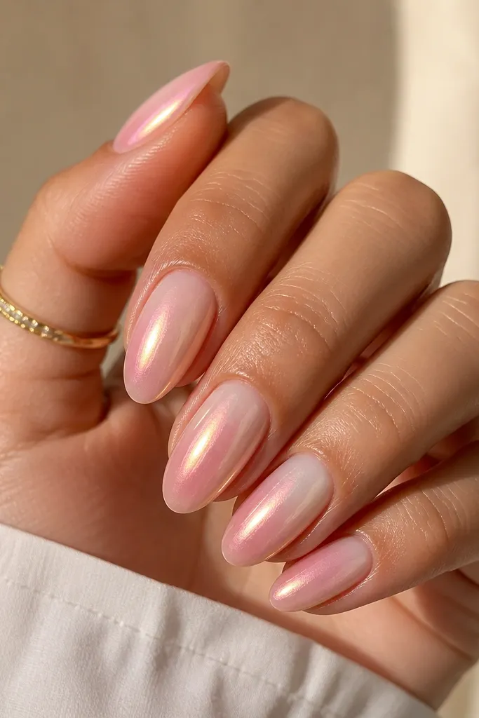 Short-to-medium almond nails with a rose quartz ombre fading to clear at the tip. A soft aura chrome glow sits in the center, like a halo that spreads out in a gradient.