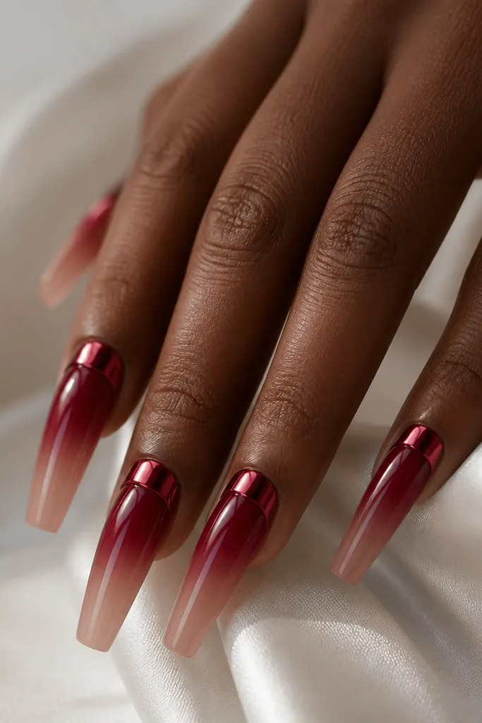 Long coffin nails with a red berry ombre fading toward a translucent nude tip. A ruby chrome cap sits right at the cuticle area, like a metallic band hugging the base.