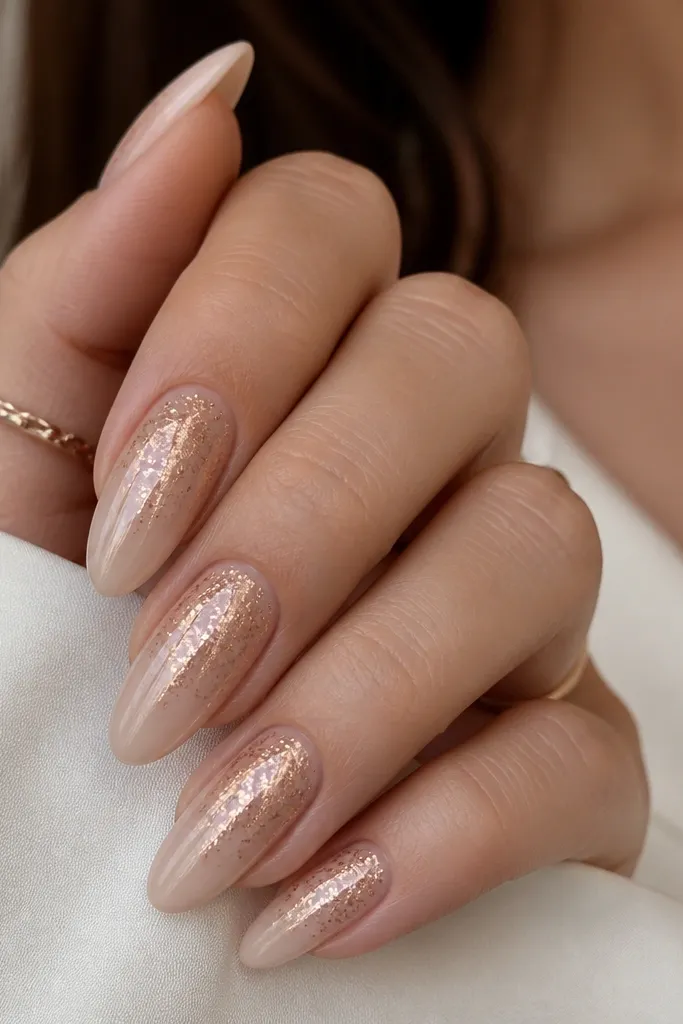 Medium almond nails with a champagne beige ombre fading softly to a pale nude tip. Rose gold chrome appears as a fine micro-foil shimmer scattered lightly across the top half.