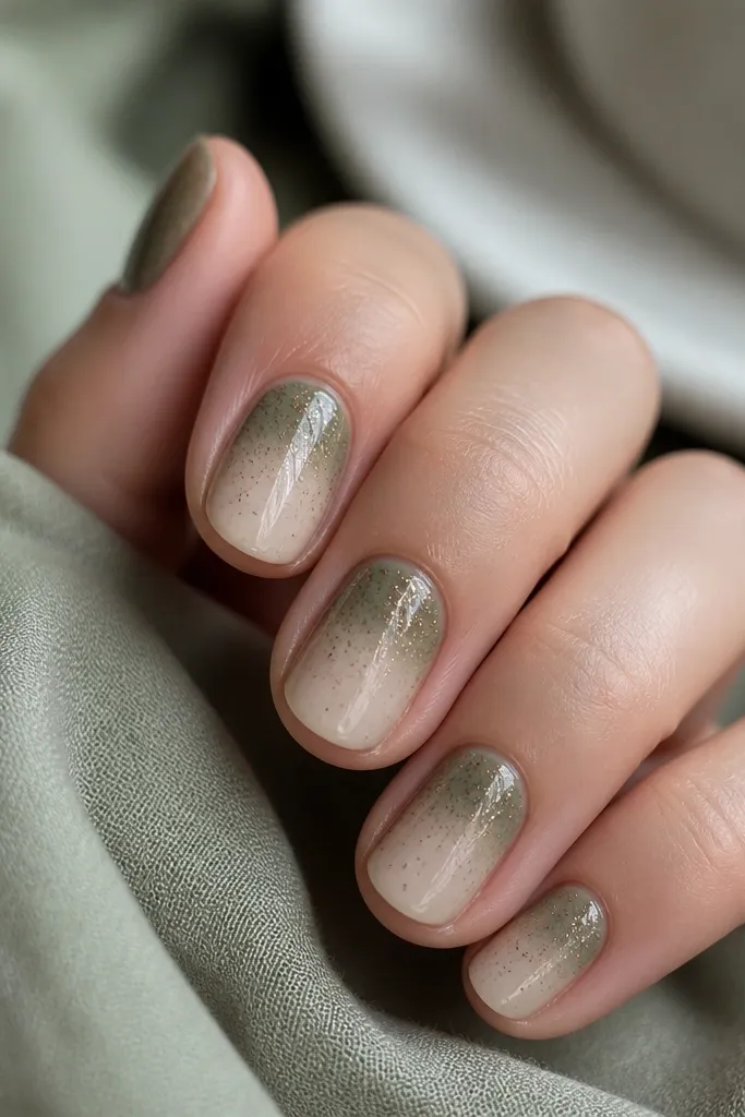 Short rounded nails with an olive sage ombre fading into a milky nude tip. Bronze chrome speckles fade from the cuticle area downward like a soft sprinkle gradient.
