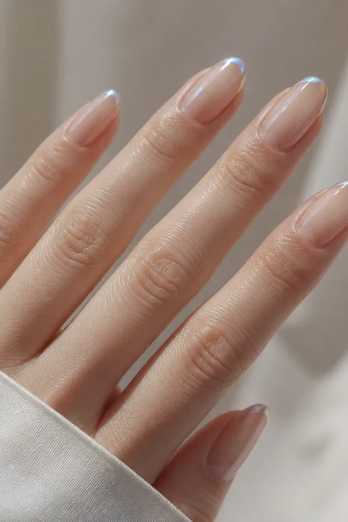 Very translucent nails with a near-clear ombre that fades barely darker at the cuticle. A micro rainbow chrome edge appears only at the free line, thin like a highlight.