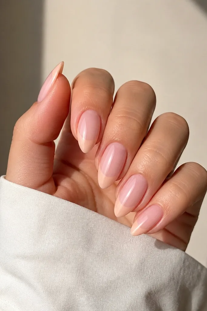 A full hand photo showing short stiletto nails in a milky pink base with slightly warmer nude tips, all coated in high gloss. The cuticles are clean and the tips look smoothly tapered.