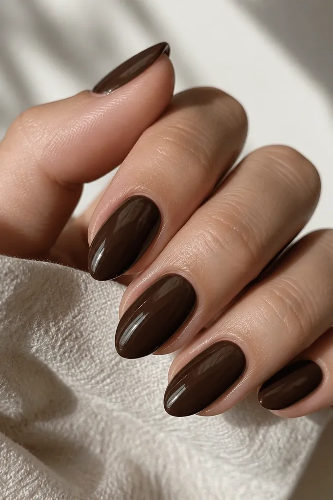 Short stiletto nails painted a deep chocolate brown with a smooth reflective shine. The surface looks slightly dimensional, like a glossy gel finish.