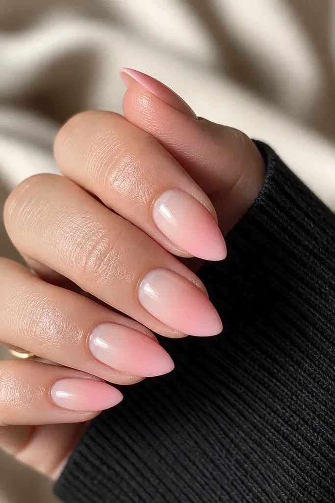 Short stiletto nails with a sheer nude base and a smooth pink ombré that fades upward into the nail. The ombré is soft, not banded.