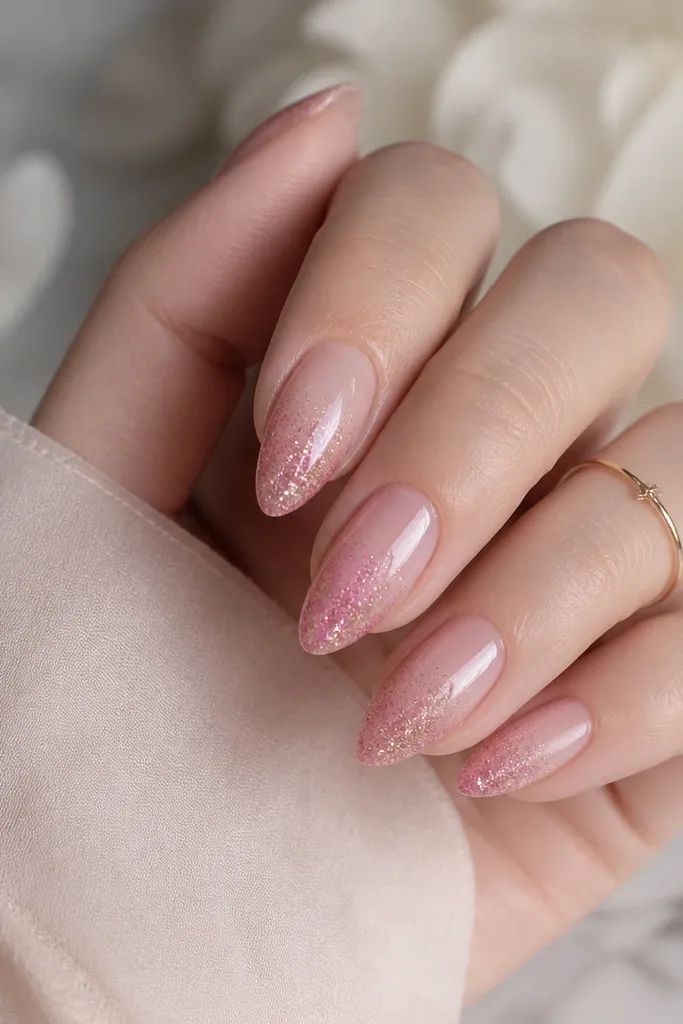 Short stiletto nails with a sheer pink base that transitions into a glittery rose quartz fade toward the tips. The glitter sparkles but stays fine.