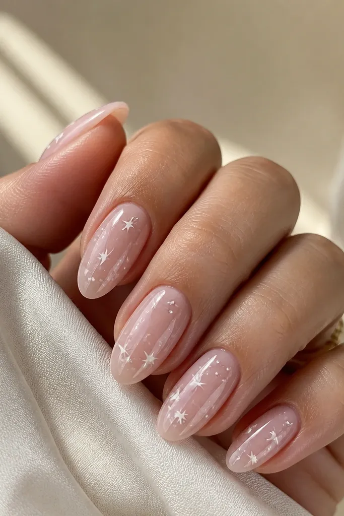 Five nails in a milky sheer pink base. On each nail, there are 3-5 tiny white stars in a small cluster near the center and slightly toward the cuticle. The stars are crisp and evenly spaced, with a glossy finish.