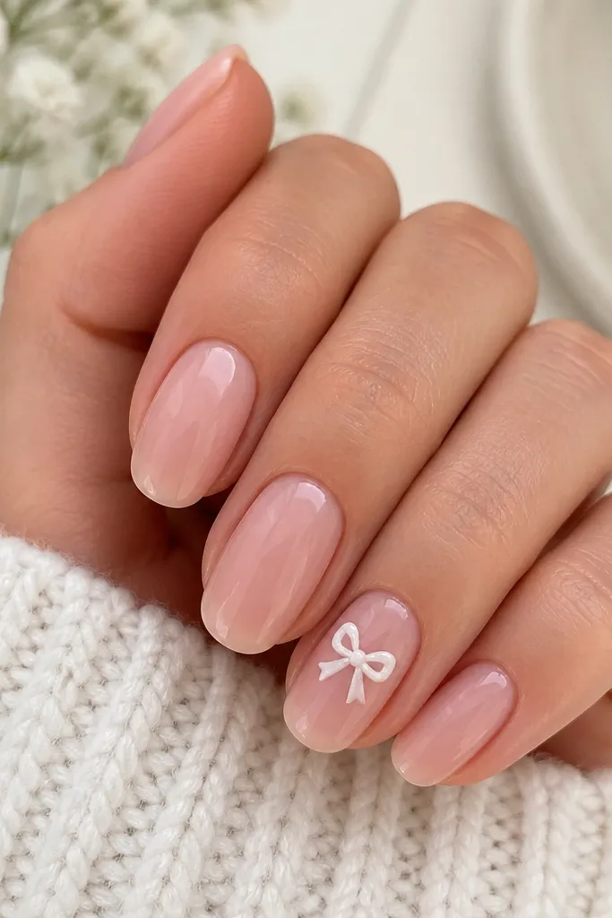 All nails are sheer pink with a glossy finish. The ring finger has a small white bow centered near the middle of the nail, with two loops and a tiny knot. The bow edges are clean and slightly raised by the top coat.