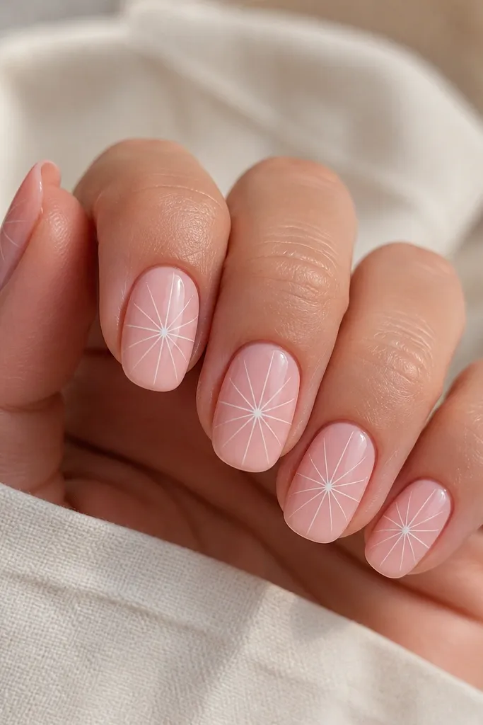 A milky pink base. On each nail, there is a small starburst made from thin white lines radiating from a central point, with clear negative space between lines. The lines look sharp and evenly spaced.
