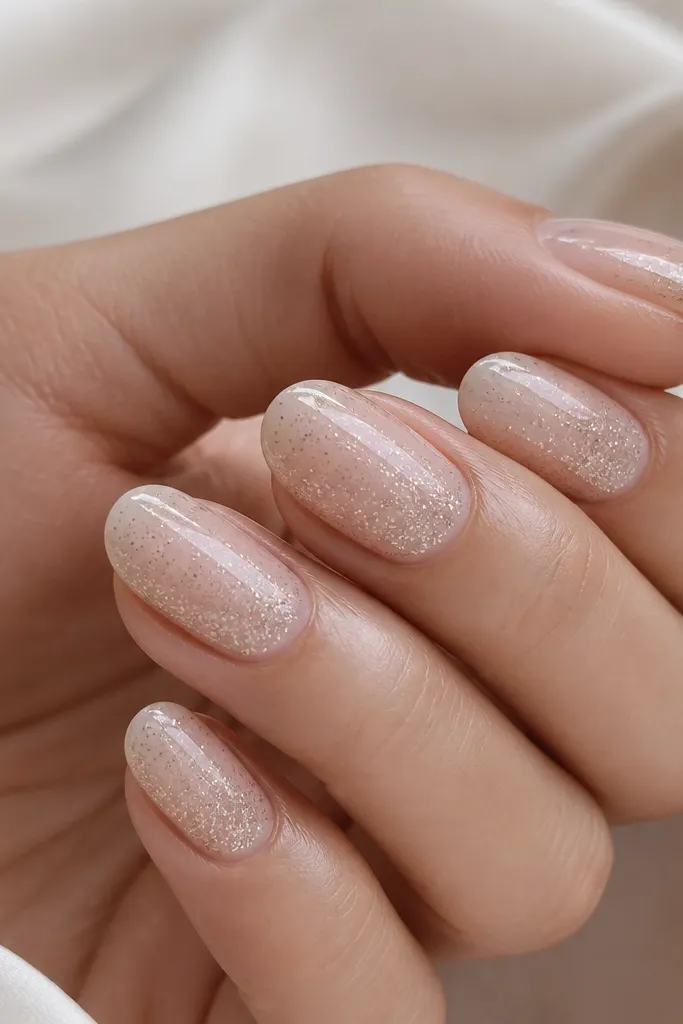 Sheer nude nails with glitter that starts light near the cuticle and gets denser toward the tip. The glitter forms a smooth gradient band across the nail, with a clean cuticle line and glossy top coat.
