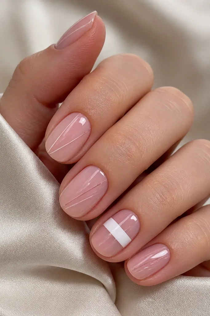 Nails with a sheer pink base. Two or three micro stripes run diagonally across each nail in a subtle pale shade. One nail has a single thicker white stripe across the center. Everything is glossy and clean.