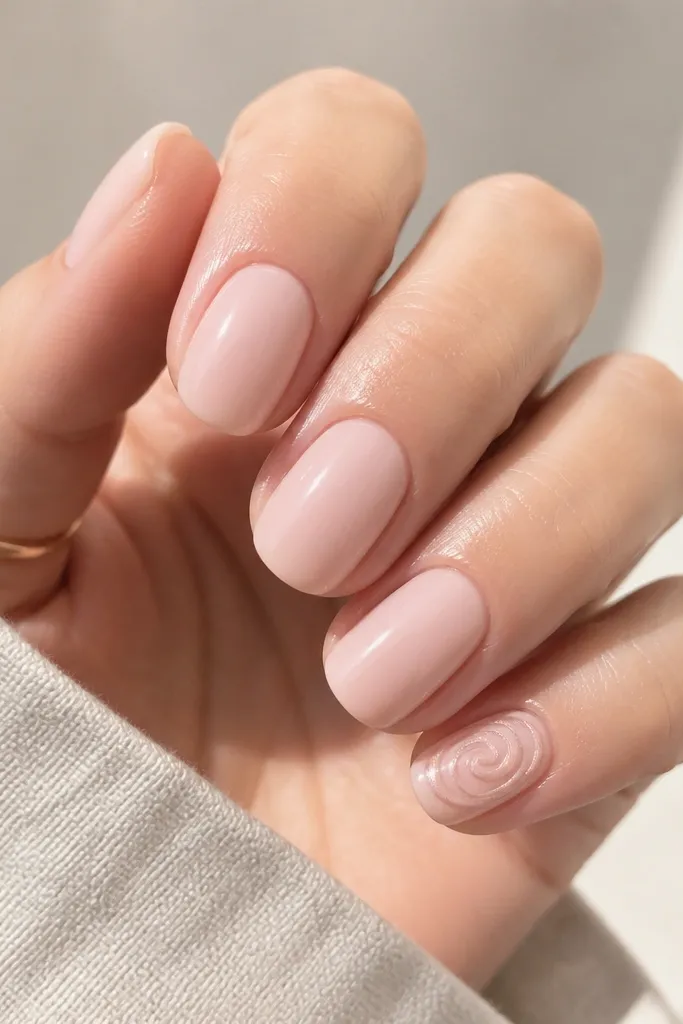 Four nails are plain milky pink. The thumb has a thin pearl-pink swirl drawn in a spiral pattern near the center, with a glossy finish. The swirl lines are smooth and slightly raised.