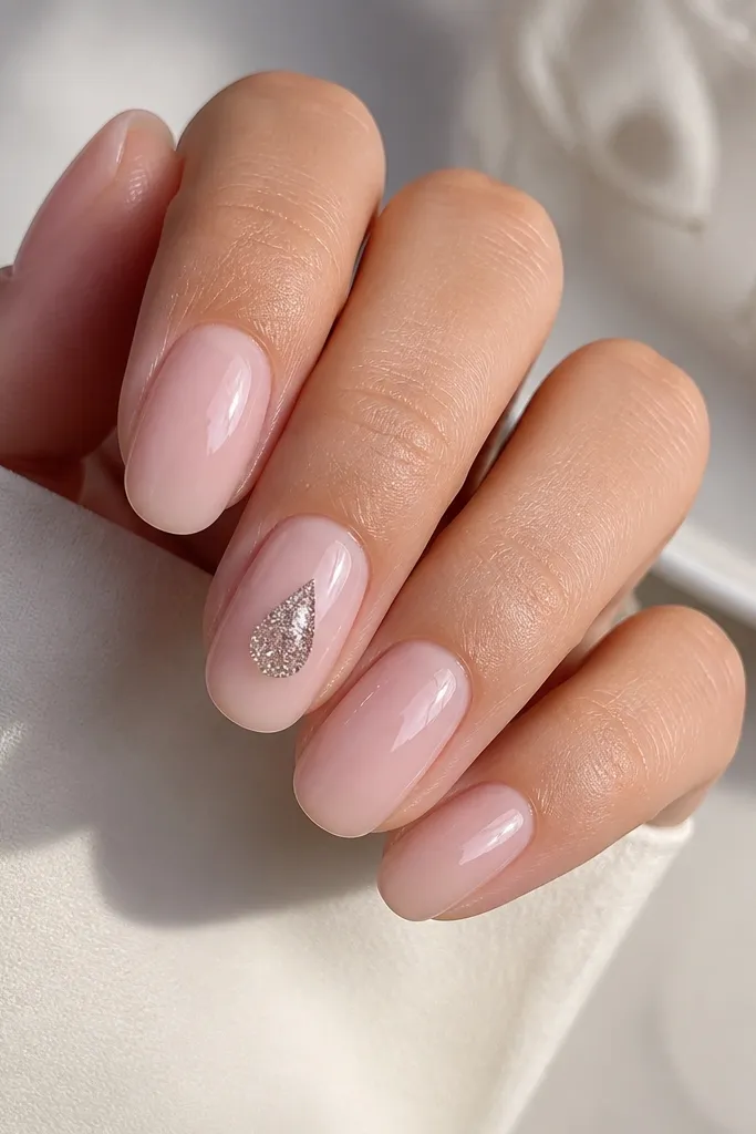 Most nails are sheer milky pink with shine. The middle finger has a single teardrop glitter accent in silver-pink, centered vertically, with a clean outline and a smooth top coat over it.