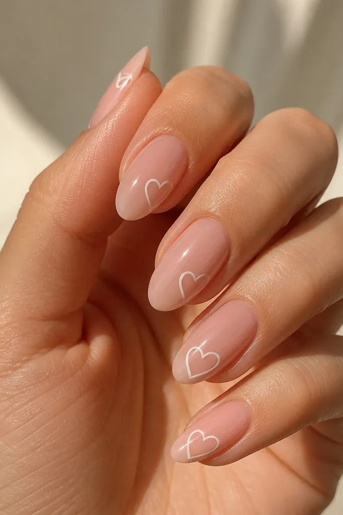 Milky pink nails with two small white outline hearts on opposite sides of the nail. The hearts sit near the middle and point inward. The outlines are thin and clean, with glossy top coat.