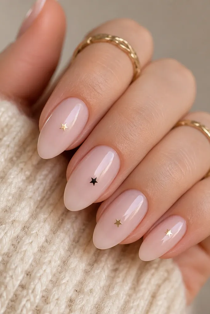 All nails have a sheer pink base. Each nail has a single tiny white star near the center. One nail has a small black line or dot detail next to the star. High gloss top coat.