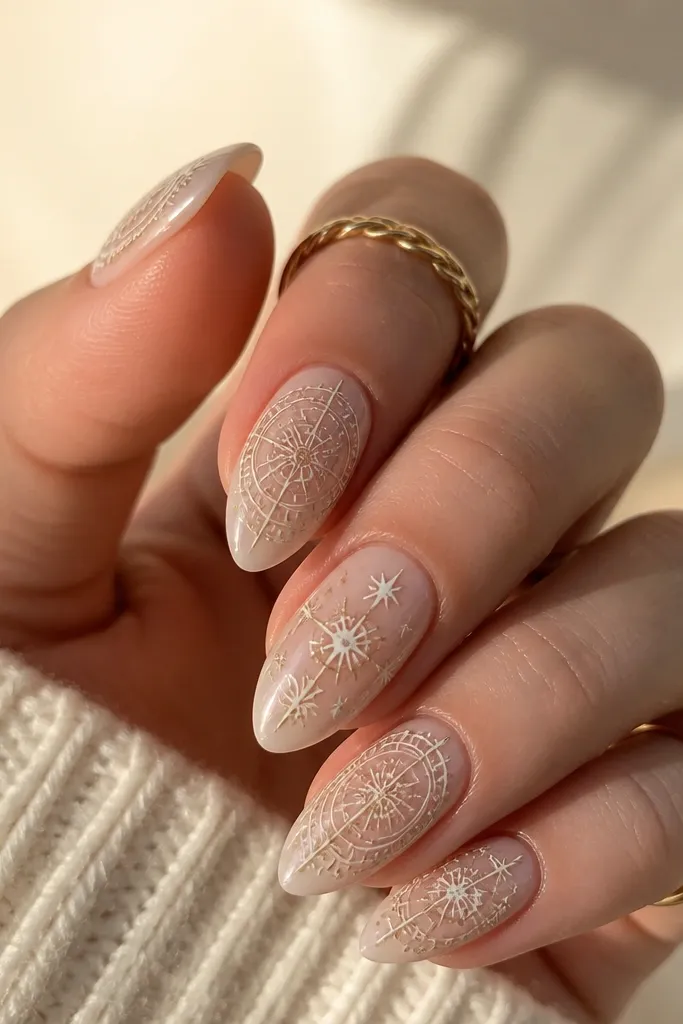 Sheer milky pink nails with stamped white star medallion patterns. The pattern is centered on each nail and has crisp edges. Glossy top coat smooths the stamped design.