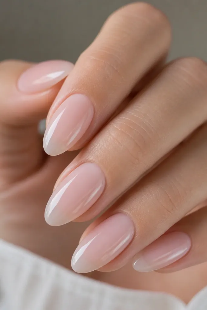 A close-up manicure on medium almond nails. The base is a milky nude pink. The tips have a barely-there glossy clear layer that catches light like a soft highlight, with no visible glitter.