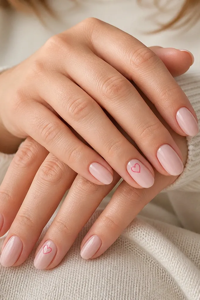Blush nude nails with one accent nail per hand. The accent has a single small heart drawn near the cuticle in a hot pink line, outlined cleanly with no fill.