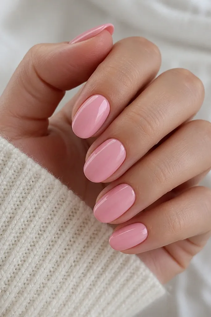 Short almond nails painted in an opaque strawberry cream pink. The finish is glossy and smooth, no glitter. The cuticles look neat, with a tiny gap-free edge.