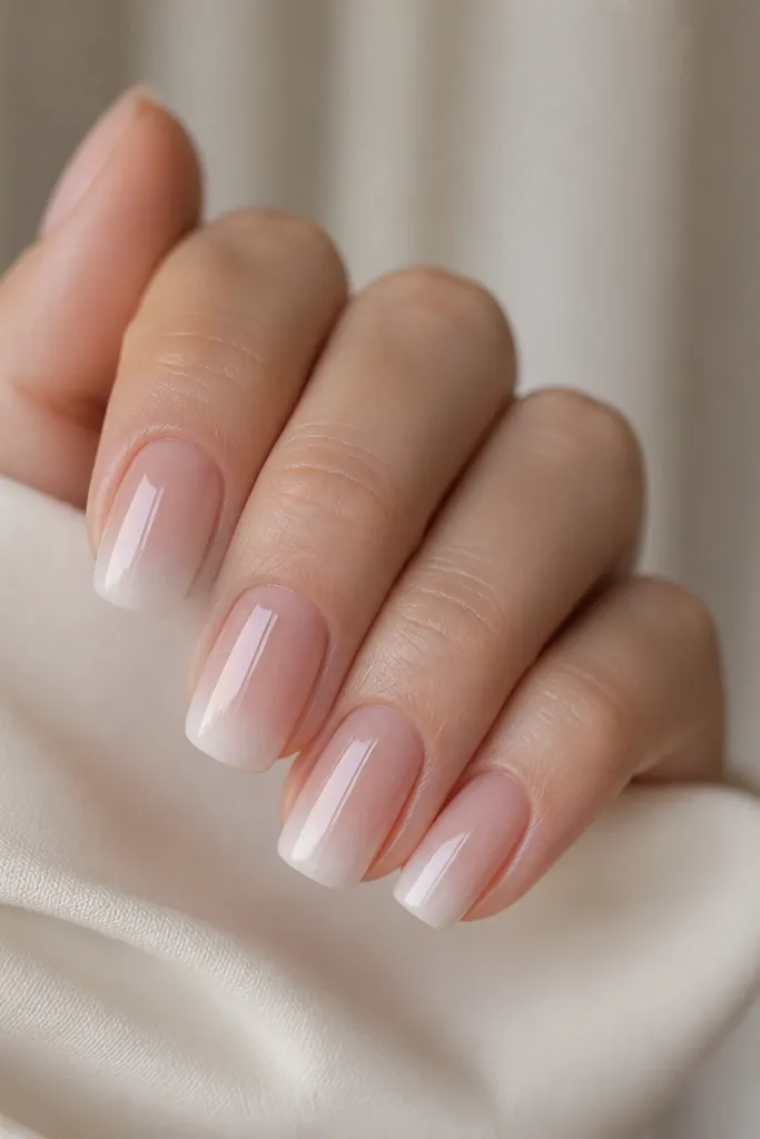 Sheer rose nails with a soft white fade at the tips. The white starts around mid-tip and fades down into the nude, with a smooth gradient and glossy top coat.