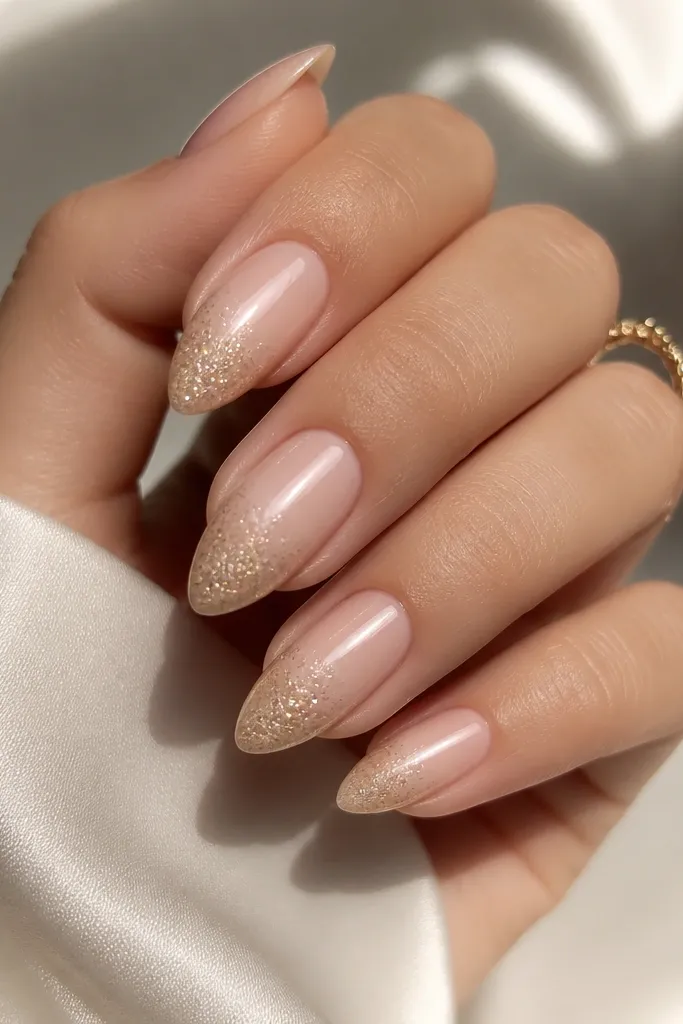 Nude almond nails with a fine champagne shimmer concentrated near the tips. The base is matte-smooth at first, then everything is sealed glossy so the sparkle looks like tiny light flecks.