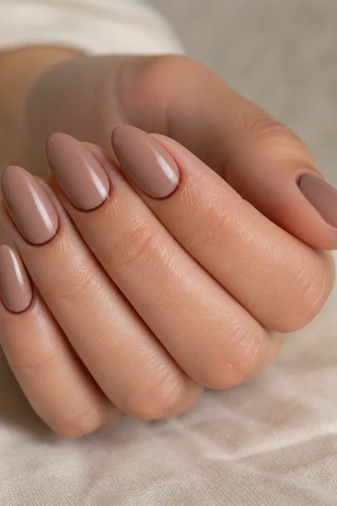 Mocha nude nails in medium almond shape. A straight line of slightly darker brown traces the cuticle area on each nail, crisp and symmetrical.