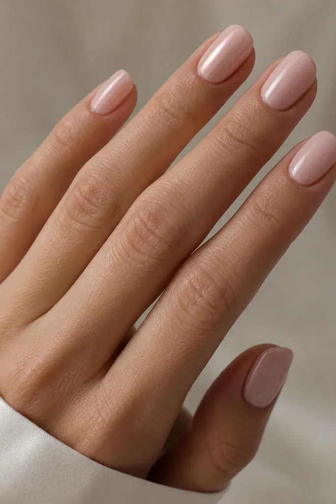 All nails are soft pink nude. The ring finger has a pearly pink chrome finish that looks like a subtle mirror, with a smooth gradient from cuticle to tip.