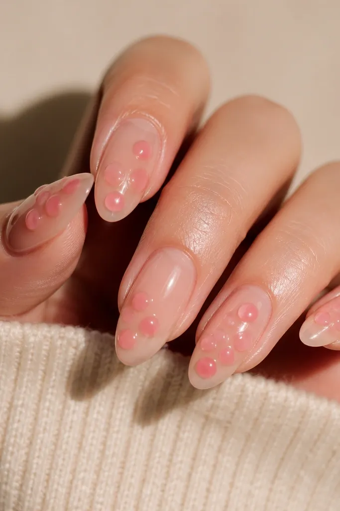 Clear jelly nude nails that look slightly see-through. On two nails per hand, there's a small cluster of pink jelly dots near the cuticle, like a mini confetti bunch.
