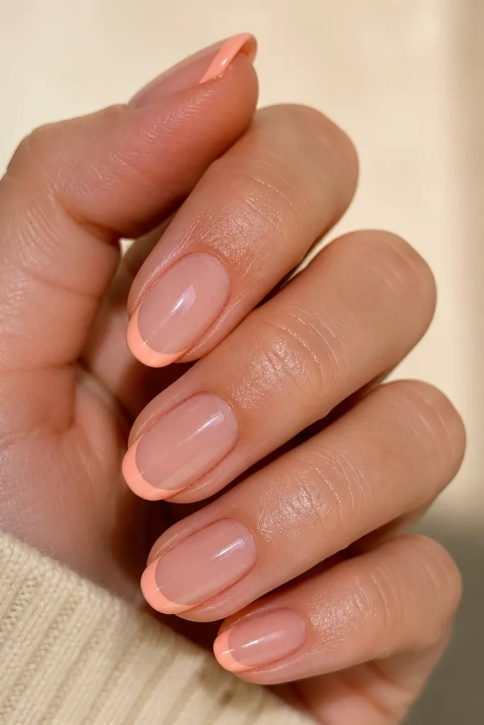 Short almond nails with a sheer nude base. The tips are painted soft peach, thin and even, with a clean smile line and glossy top coat.