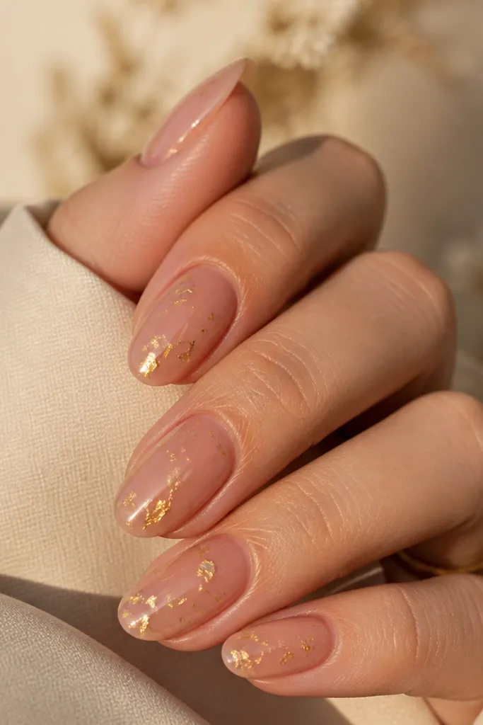 Rose nude nails with sparse tiny gold foil flecks scattered near the cuticle and along the side of two nails. The gold looks like thin shimmers, not chunky flakes.