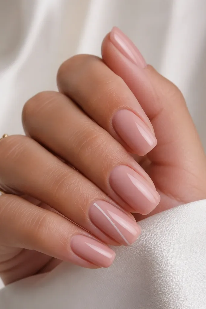 Nude pink nails with one accent nail featuring a diagonal micro-line in white. The line is thin, straight, and positioned from lower center to upper side, glossy finish.