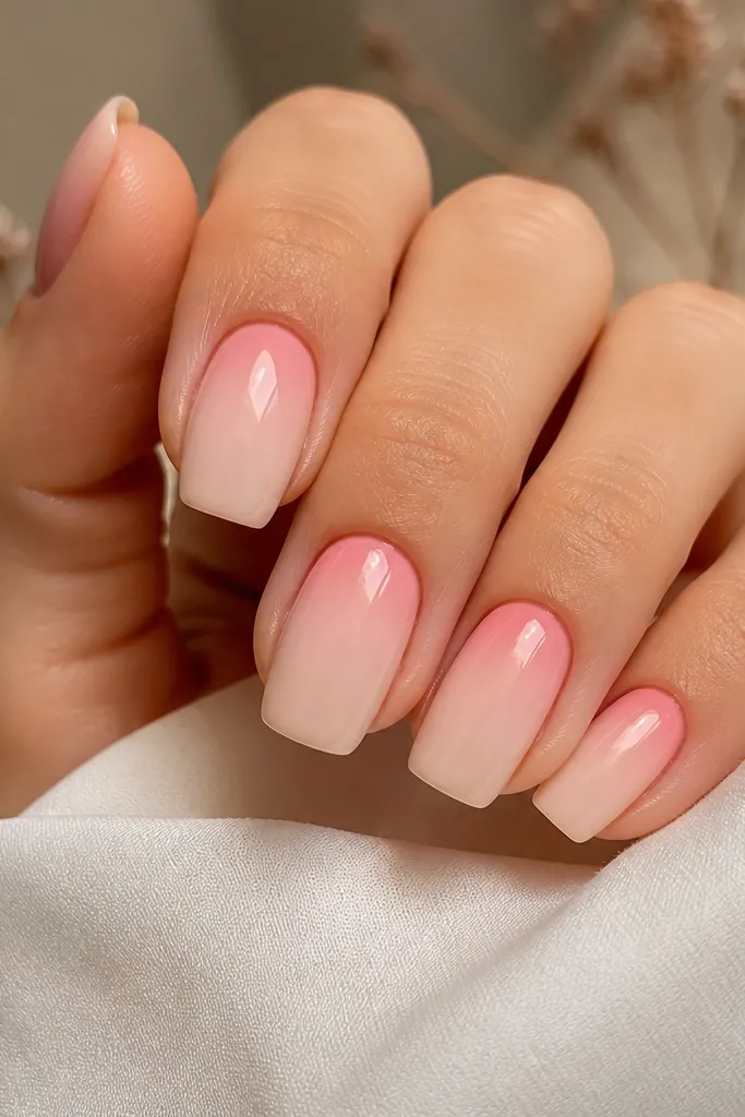 Soft square almond nails with nude base. A blush pink gradient sits right at the cuticle area, fading out as it goes toward the tip, glossy and clean.