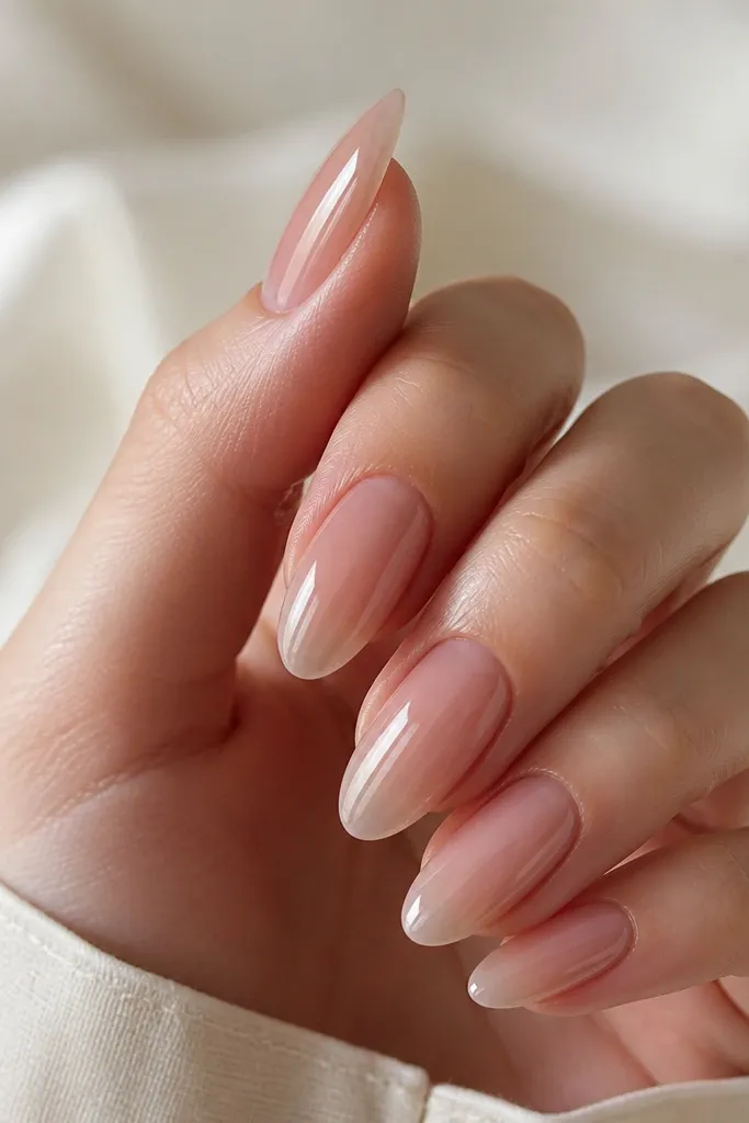 Nails look like they have a glassy clear top with a nude overlay underneath. The cuticle area is clean, and the nail surface looks smooth and thick like a professional gel set.