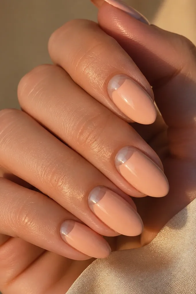 Peachy nude nails with a glossy half-moon shape at the cuticle. The half-moon is slightly lighter and shinier than the base, with a clean curved edge.
