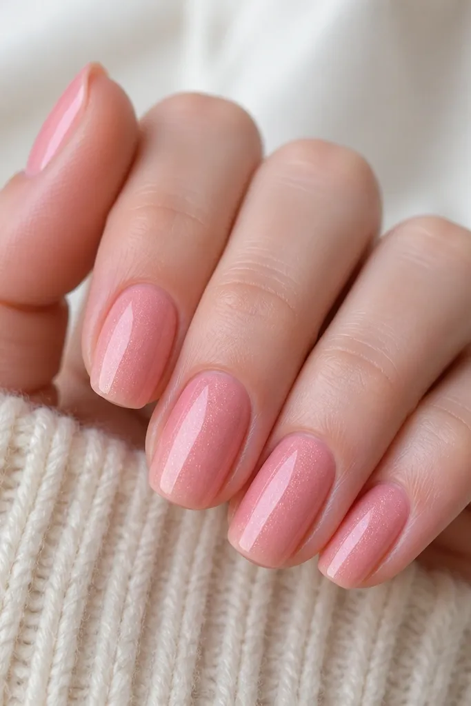 Nails painted in a strawberry milk pink. The finish has fine pink shimmer that looks like it's suspended in the polish, and the top coat is high-gloss and reflective.
