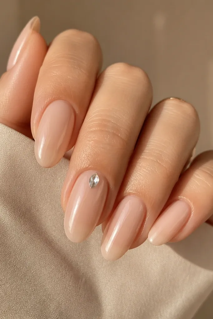 Nude almond nails with a single tiny teardrop rhinestone on the middle finger of each hand. The stone sits near the center of the nail and catches light, glossy around it.
