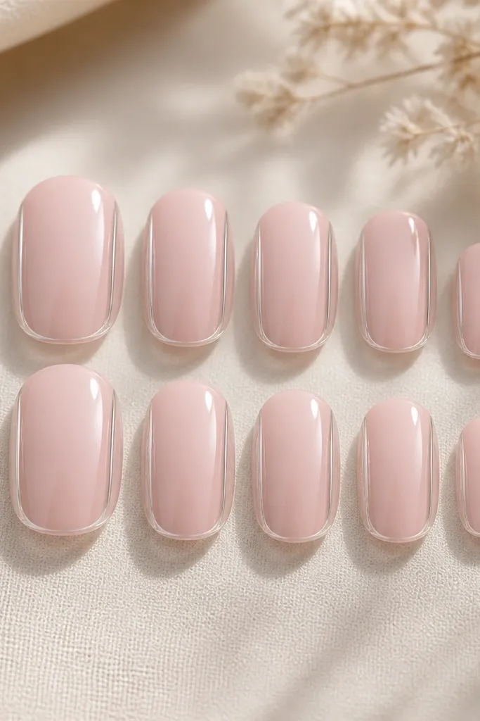 Press-on nails in soft pink. Along both side edges there's a clear, glossy strip that looks like a side French accent, with a smooth smile-like curve at the tip.