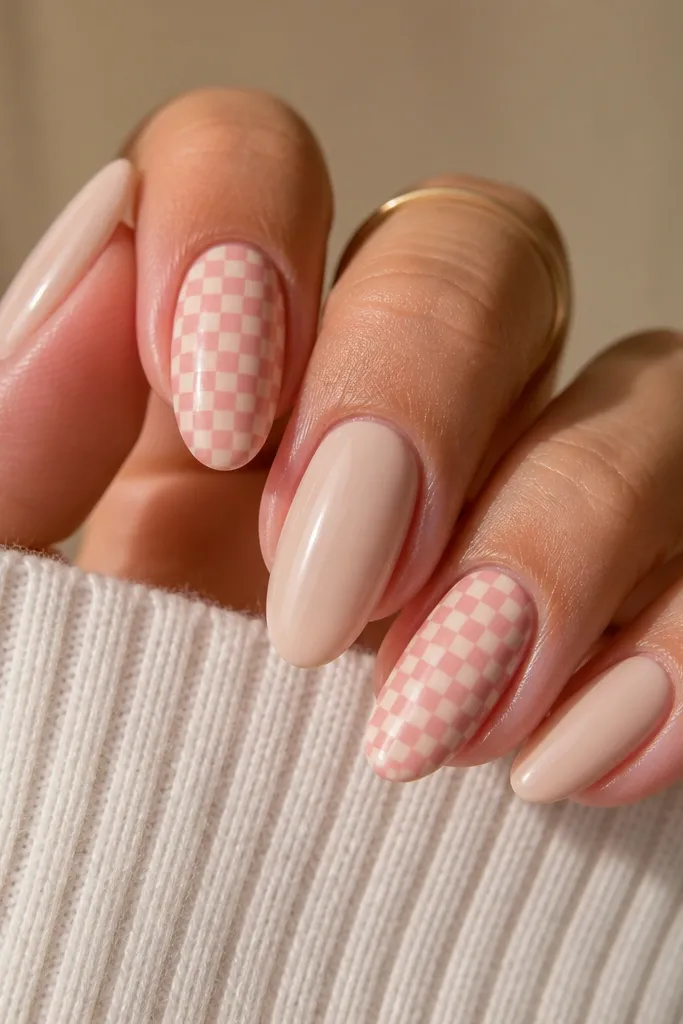 Cream nude nails. One accent nail has a tiny micro-check pattern in candy pink near the tip, like miniature check squares, glossy top coat.