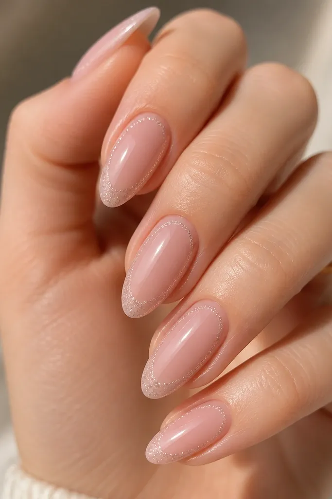 Hands with short almond nails painted milky blush pink. Each nail has a soft, circular halo of very fine silver micro-glitter centered near the middle, fading outward.