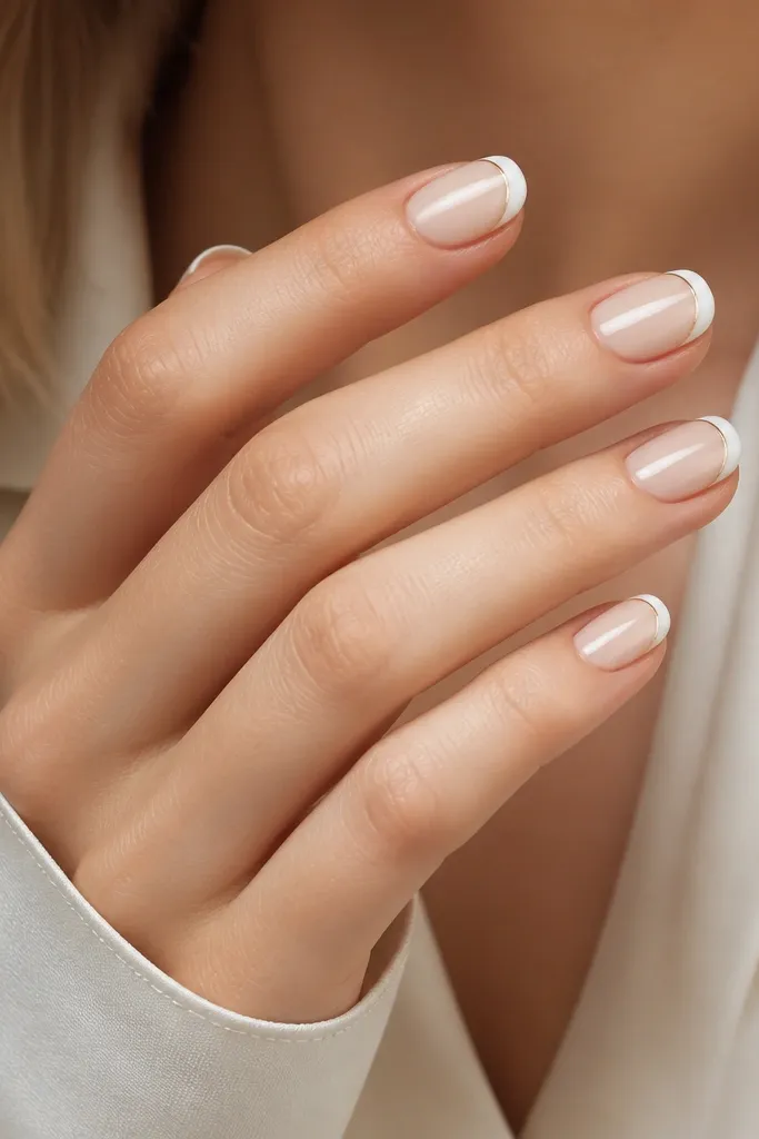 Creamy nude nails with a classic French tip. The tip has a very thin champagne-gold line running along the smile curve, with a glossy finish.