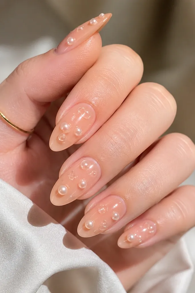Sheer peach jelly nails with a glossy look. Tiny pearl-like dots float near the cuticle on each nail, spaced evenly and slightly off-center.